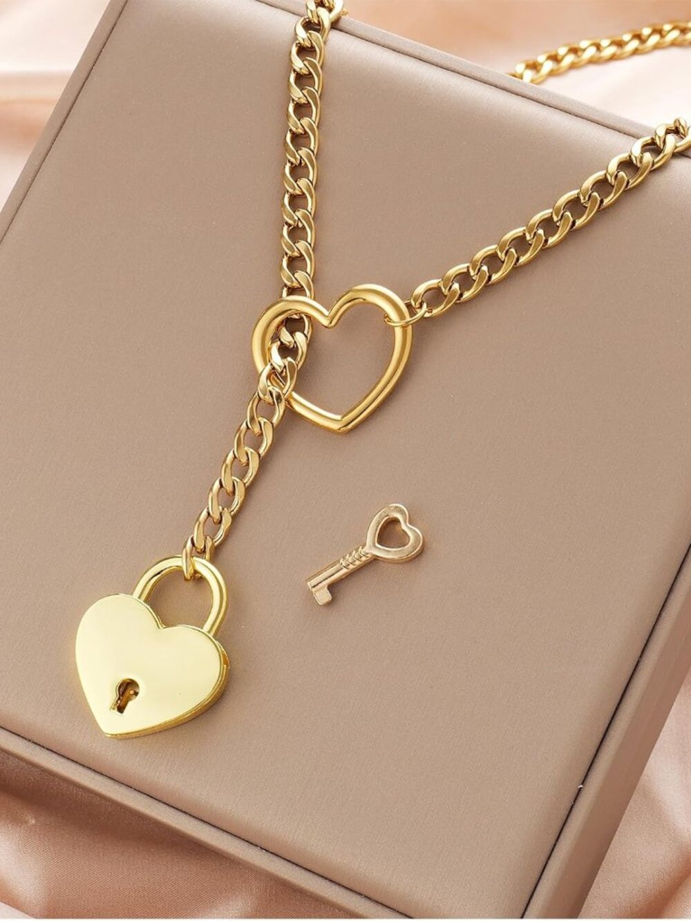 Heart O-ring Slip Chain Necklace for Women Punk Rock Stainless Steel Cuban Long - Picture 3 of 3